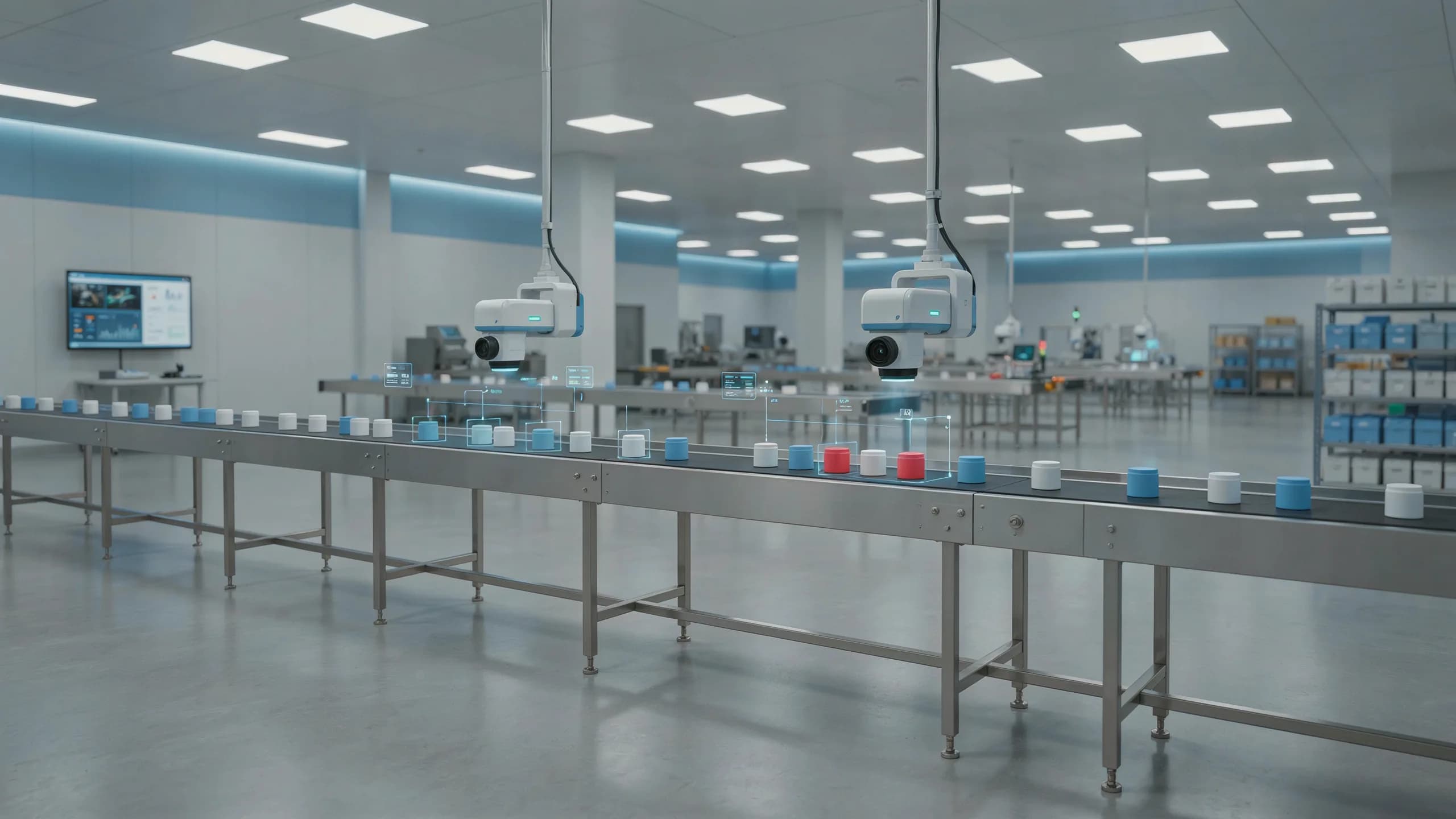 Production line with overhead inspection cameras